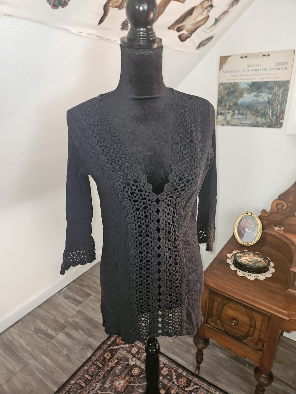 Black Crochet Cotton V-Neck Tunic